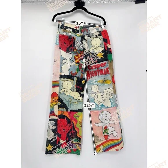 Dolls Kill x Hot Stuff Casper Patchwork Wide Leg Jeans Y2K Cartoon S 15in Rare - Picture 3 of 10